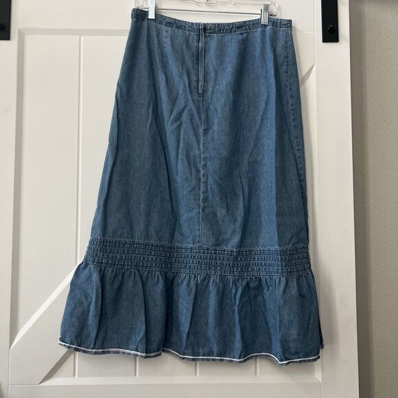 Vintage Denim Broomstick Skirt Large Tiered Midi Prairie Cottage Western Size 12 - Picture 6 of 9